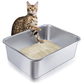 LOPYK stainless steel cat litter box front view, high sides for containment and easy cleaning.