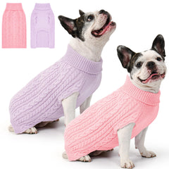 Lorehelina two-pack pink and purple dog sweaters laid flat for easy styling.