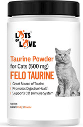 LOTS OF LOVE FELO Taurine bottle shown, supports feline vitality when added to meals.