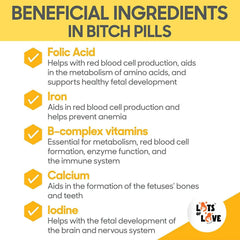 Lots of Love Bitch Pills tablets close-up, palatable prenatal vitamins for nursing dogs.