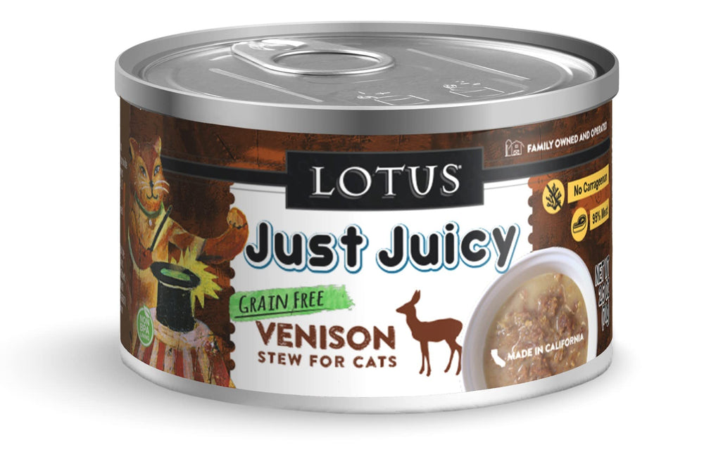 Lotus Just Juicy Venison Stew cat can front, high-meat formula for cats.
