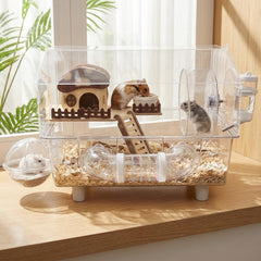 Loungewave acrylic hamster cage front view shows clear visibility for easy checks