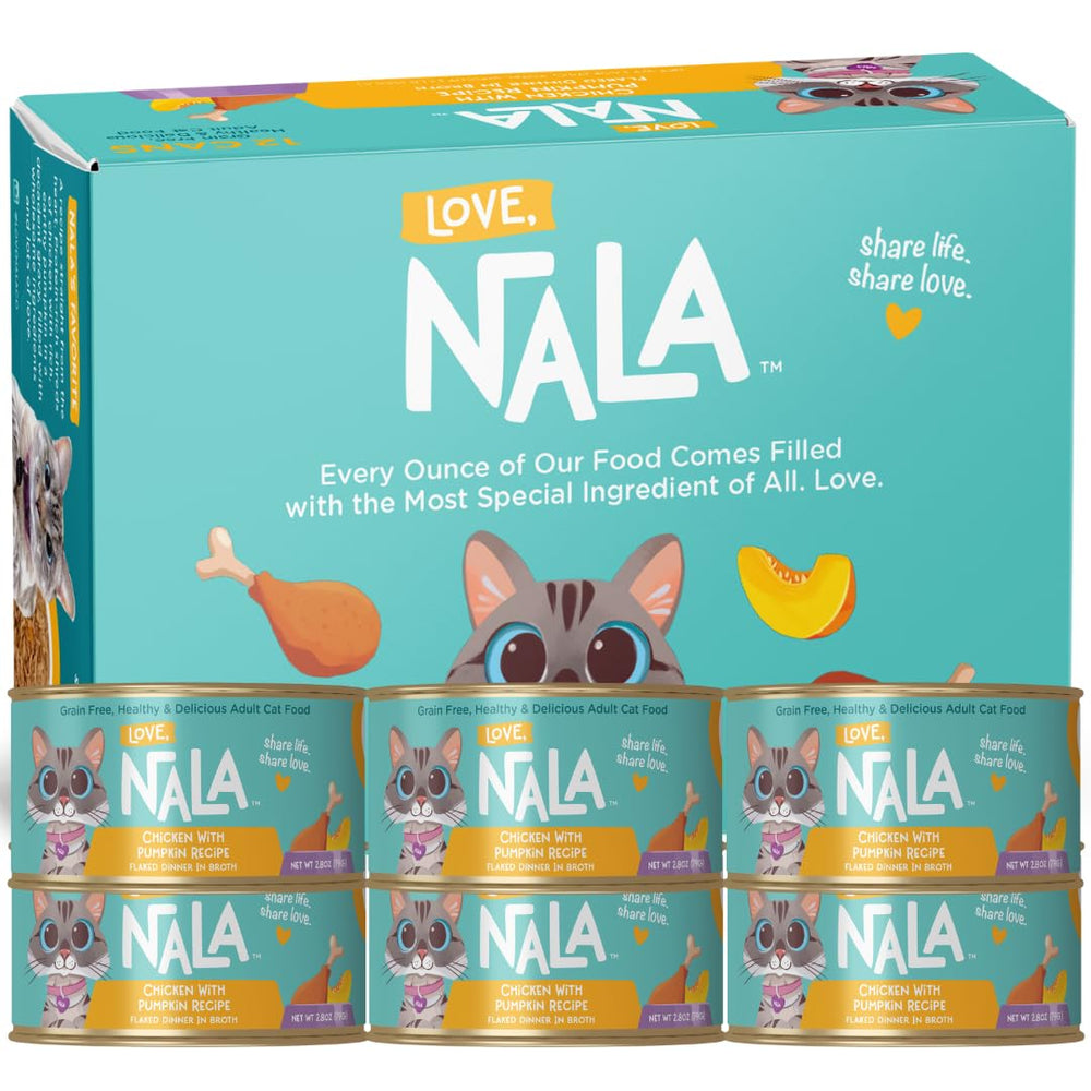 LOVE, NALA flaked chicken pumpkin in broth pack shot highlighting grain-free formula for cats