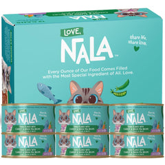 LOVE, NALA flaked tuna in broth bowl shows a hydrating meal for cats.