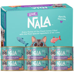 LOVE NALA flaked tuna-salmon in broth highlights grain-free nutrition for adult cats