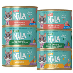LOVE NALA salmon flaked wet food in broth fuels active cats with protein and flavor