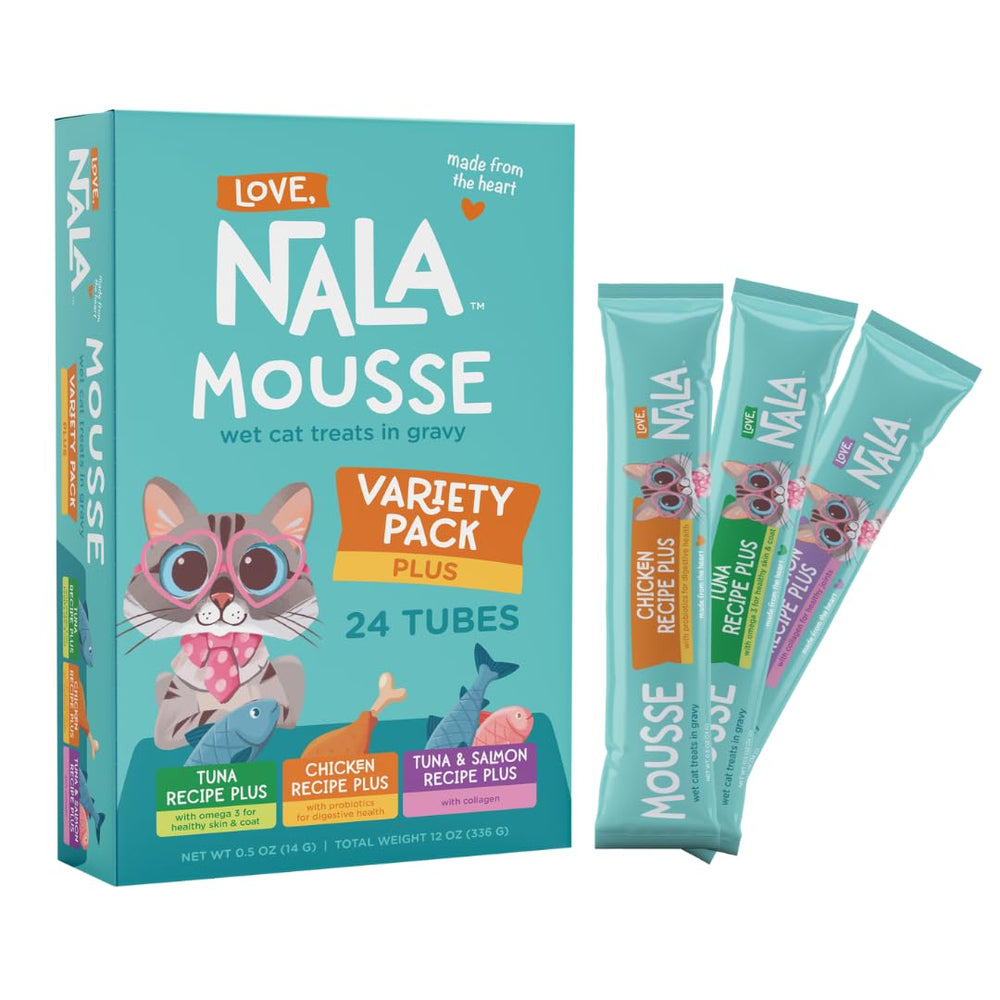LOVE NALA variety plus pack mousse serve enhances meal time for cats.