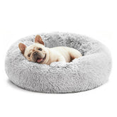 Love's cabin calming cat bed grey top view shows plush nest for secure naps.