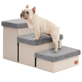 Love's cabin dog stairs beside a high bed with three steps for easy access