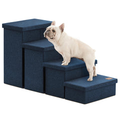Love's Cabin dog stairs in navy with four-step folding design for easy pet access