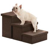 Love's cabin dog stairs against a bed with stable 3-step design