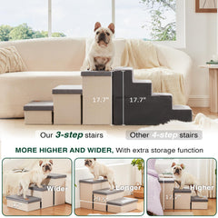 Love's cabin dog stairs feature under-step storage for convenient pet supplies.