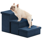 Love's cabin dog stairs with storage, easy assembly beside a bed.
