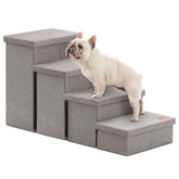 Love's cabin dog stairs with storage compartments keep pet items organized.