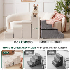 Love's Cabin dog stairs storage compartments keep leashes and blankets within reach.