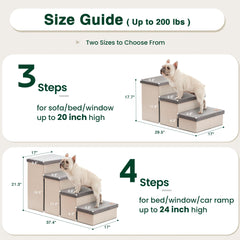 Love's cabin dog stairs with under-step storage for organizing leashes and blankets.