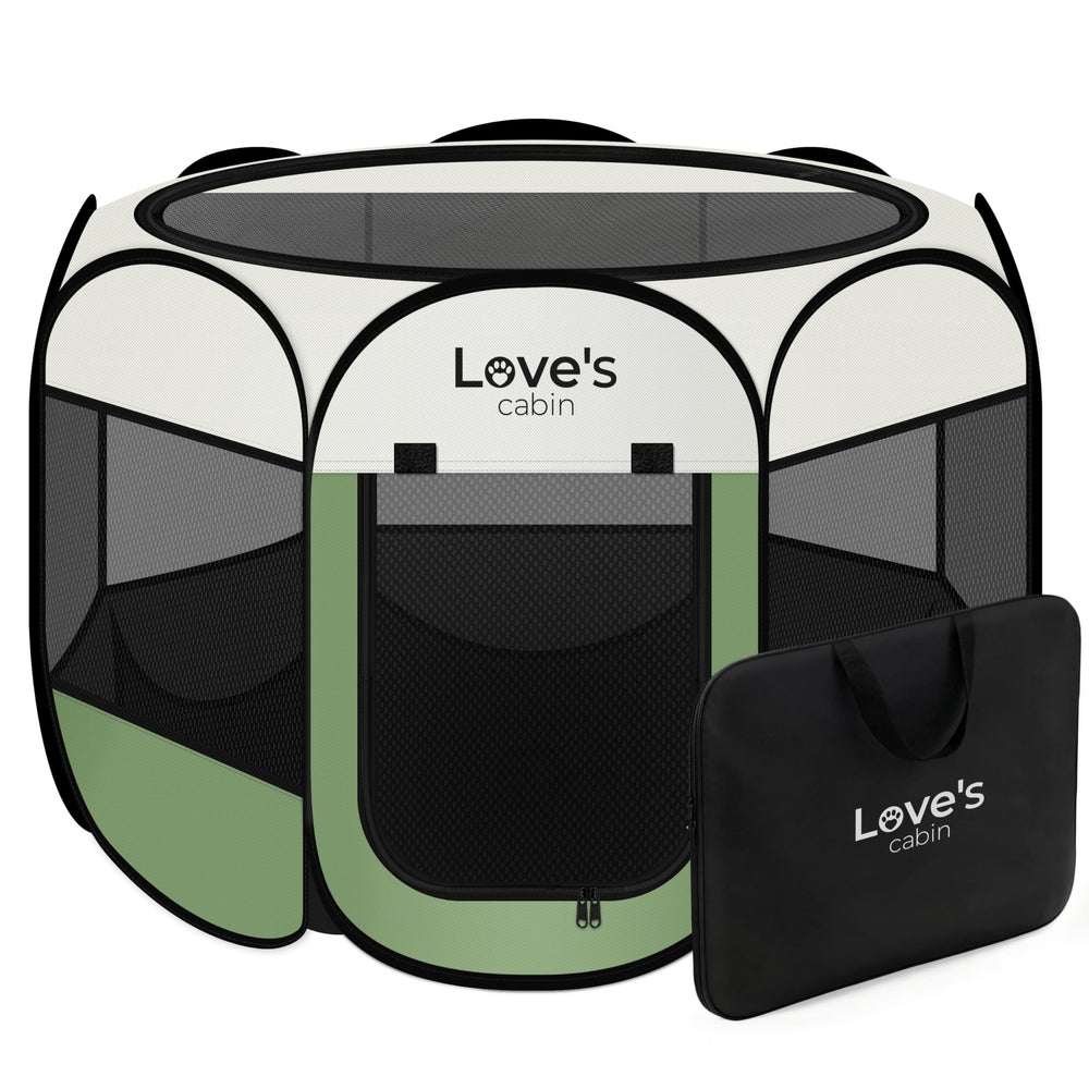 Love's cabin pet playpen olive green setup showing quick assembly for pets