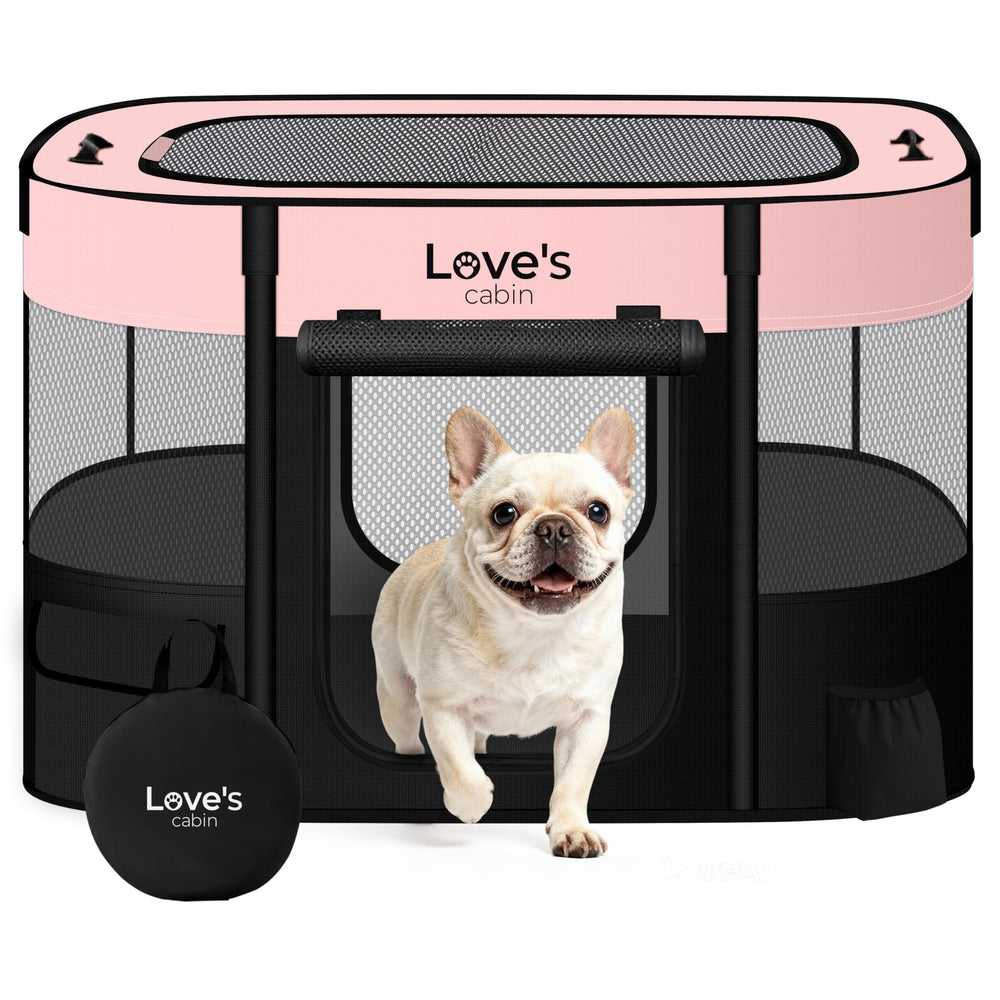 Love's cabin pet playpen pink front view for safe indoor-outdoor use.