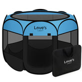 Love's cabin blue 8-panel playpen for dogs and cats, spacious and safe indoors.