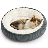 Love's cabin round donut bed blue grey stripe offers snug cocoon comfort.