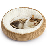 Love's cabin round donut bed in camel stripe offers cozy nesting for small pets.