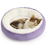 Love's cabin round donut bed in lavender stripe offers a cozy nest for small pets