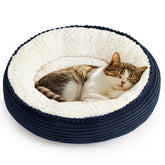 Love's cabin round donut bed in navy stripe ready for cozy cat naps