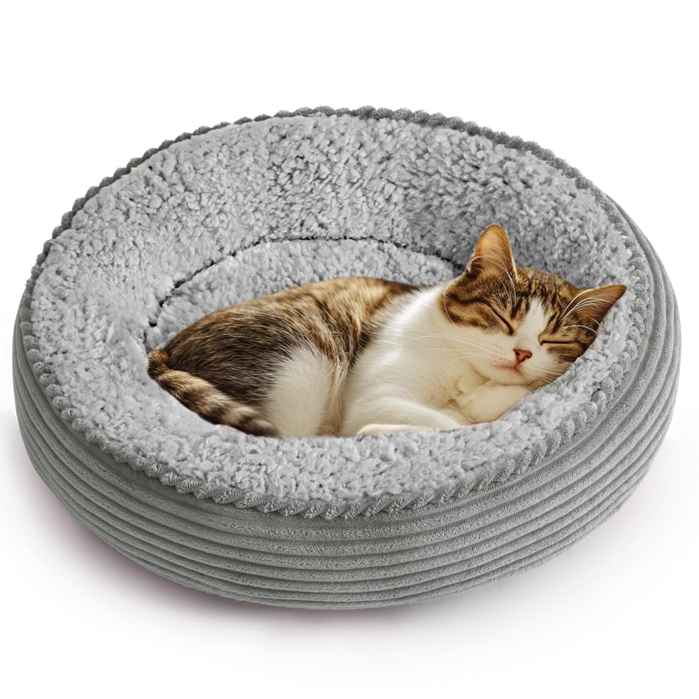 Love's cabin round donut bed outer view shows cozy nest design for small pets