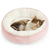 Love's cabin round donut bed in pink stripe provides cozy lounging for cats and small dogs.
