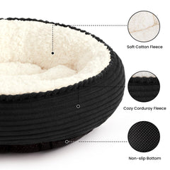Love's cabin round donut bed side view highlights raised rim for head support.