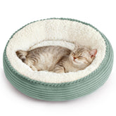 Love's cabin round donut pet bed from above, cozy nesting for cats and small dogs.