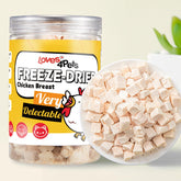 Loves4Pets Freeze Dried Chicken Cubes pack shot showing grain-free, protein-rich treats.