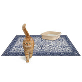Lovewag Pets two-pack litter mats in Indigo Garden setup provide wide coverage for tidy floors.