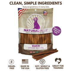 Loving Pets Natural Value Duck Sticks close-up shows chewy texture and savory aroma.