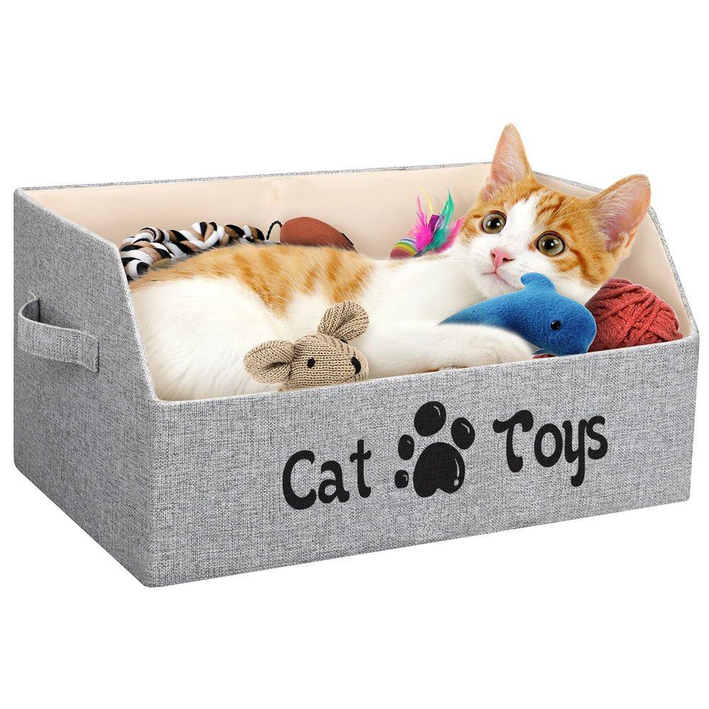 Lovstorage 2X Thick cat toy bin front view in grey, sturdy storage for toys.