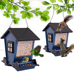 LSCQYYCC Bird Feeder blue outdoor view attracts cardinals and chickadees for year-round backyard viewing.
