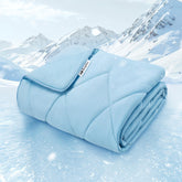 Luciphia cooling blanket for dogs on a blue bed, delivering a silky, cool touch.