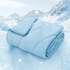 Luciphia cooling blanket for dogs on a blue bed, delivering a silky, cool touch.