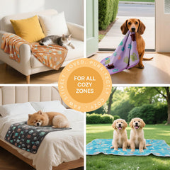 Luciphia dog blanket on couch protects furniture with paw print