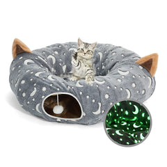 LUCKITTY cat tunnel bed glows under the Christmas tree for cozy nighttime play.