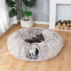 LUCKITTY warm fluffy cat tunnel bed under Christmas tree, cozy play and nap retreat.