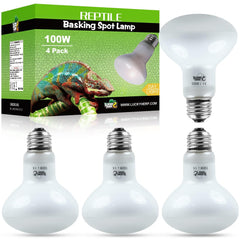 LUCKY HERP 4-pack heat lamp bulbs for reptile basking setups.
