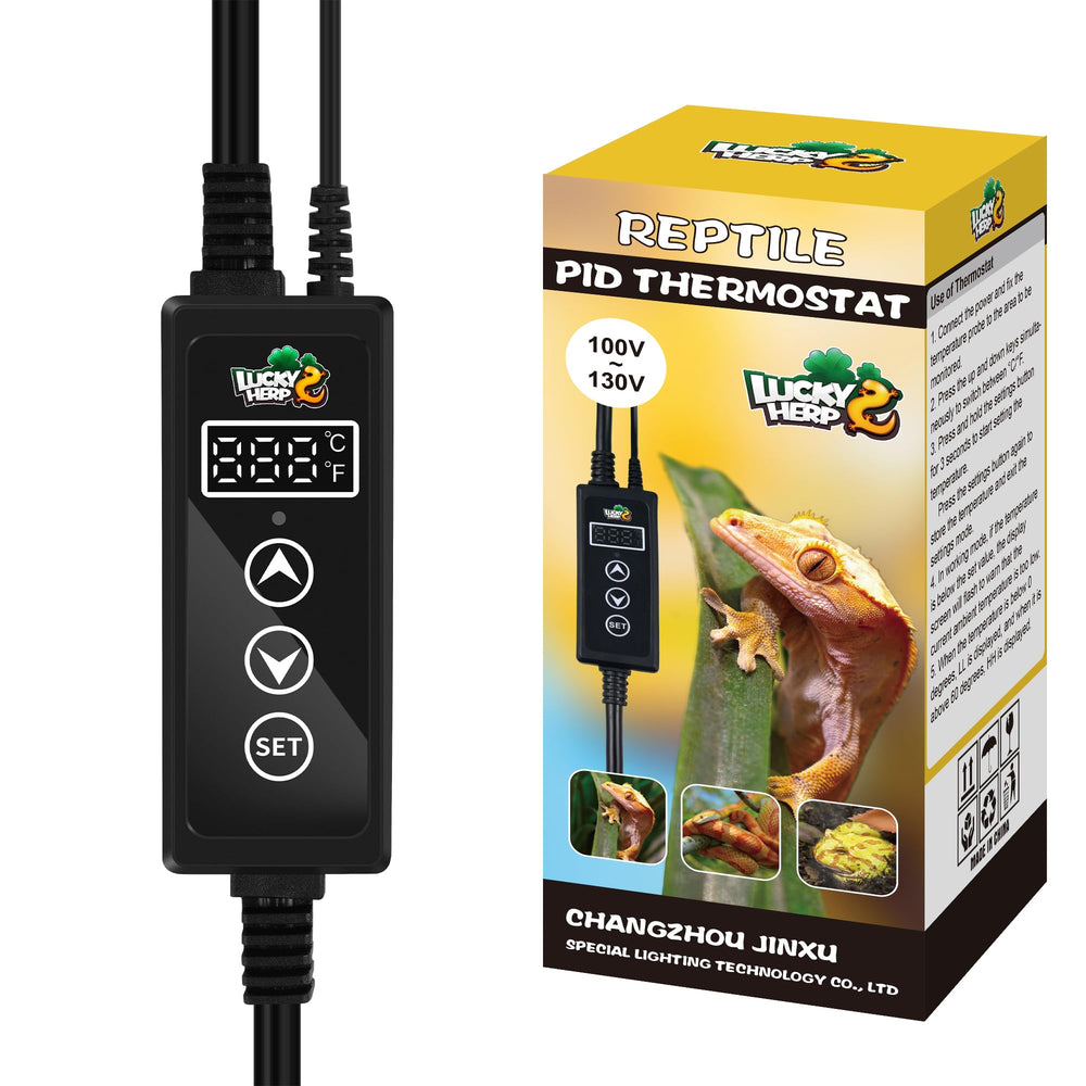 LUCKY HERP dimming thermostat with LED screen for precise reptile temperature control.