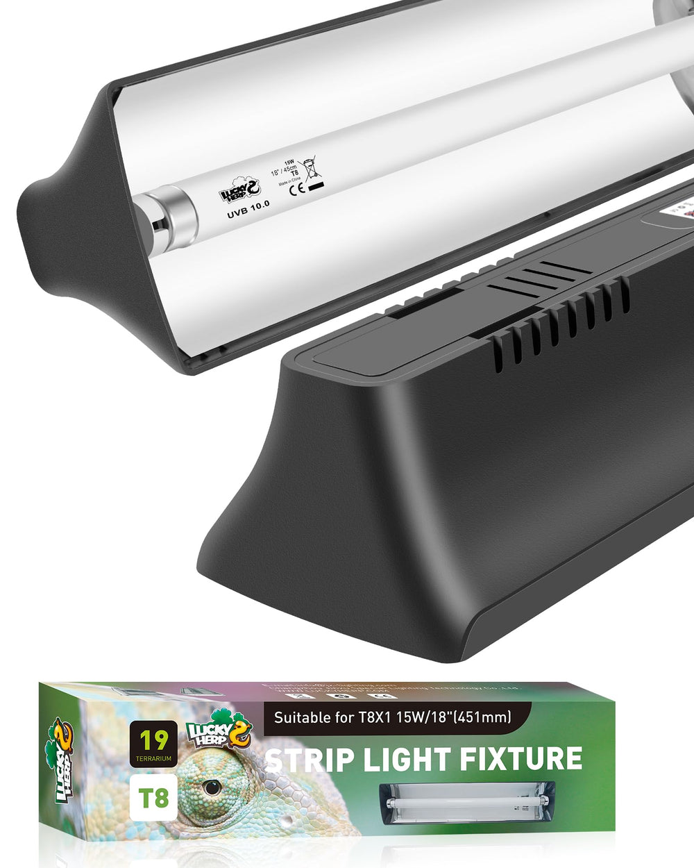 Lucky Herp T8 reptile light kit front view with even UVB coverage for terrariums