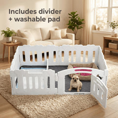 LUCKY MUFFIN divider in action enabling separate zones within the playpen.