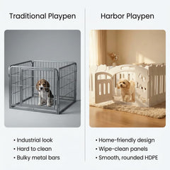 LUCKY MUFFIN dog playpen side view showing sturdy HDPE panels for stable indoor boundaries.
