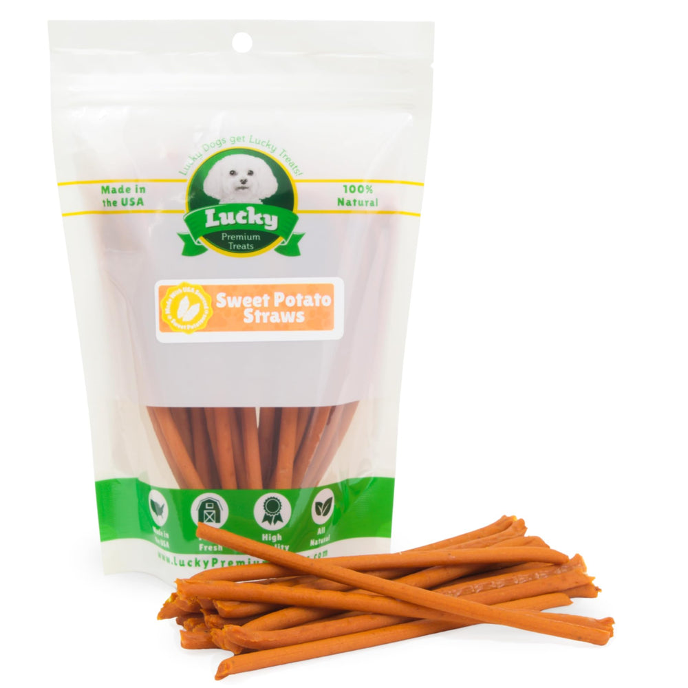 Lucky Premium Treats Sweet Potato Straws bag front, ideal training reward for small and medium dogs.