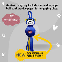 LUCOLOVE raccoon teaser with rope ball for varied sensory stimulation during tug sessions.