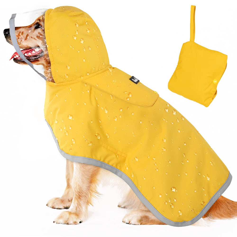 Lukovee dog raincoat with waterproof fabric keeps your pet dry during rainy walks.