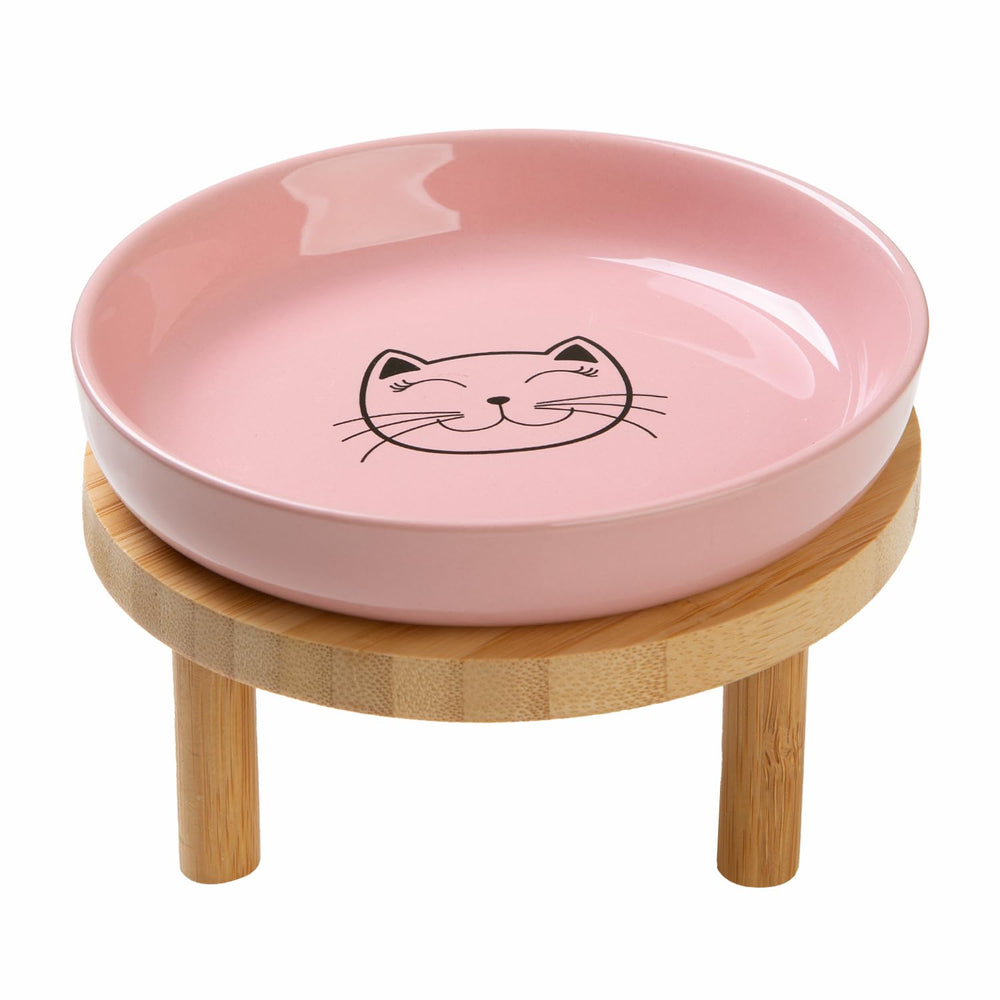 Lusifaco pink shallow elevated cat bowls on bamboo stand for whisker-friendly dining